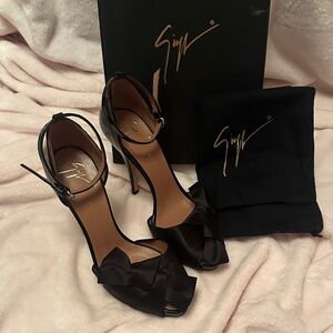 Giuseppe Zanotti Black Satin Bow Peep-Toe Ankle-Strap Stilettos